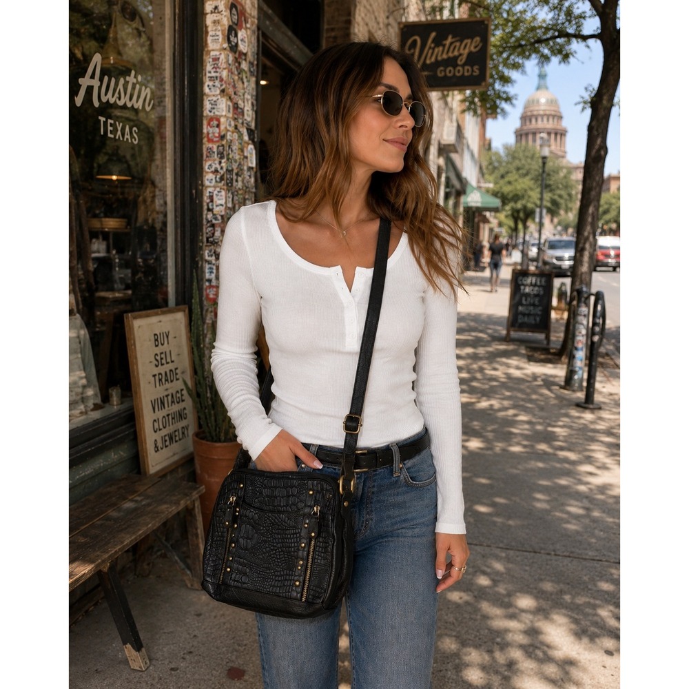 Great American Leather Works Crossbody Bag Black Croc Embossed Studded Leather